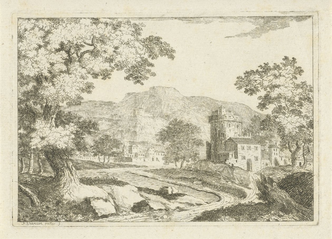 Paysage fluvial avec maisons et tours - Jean Joseph Hanson