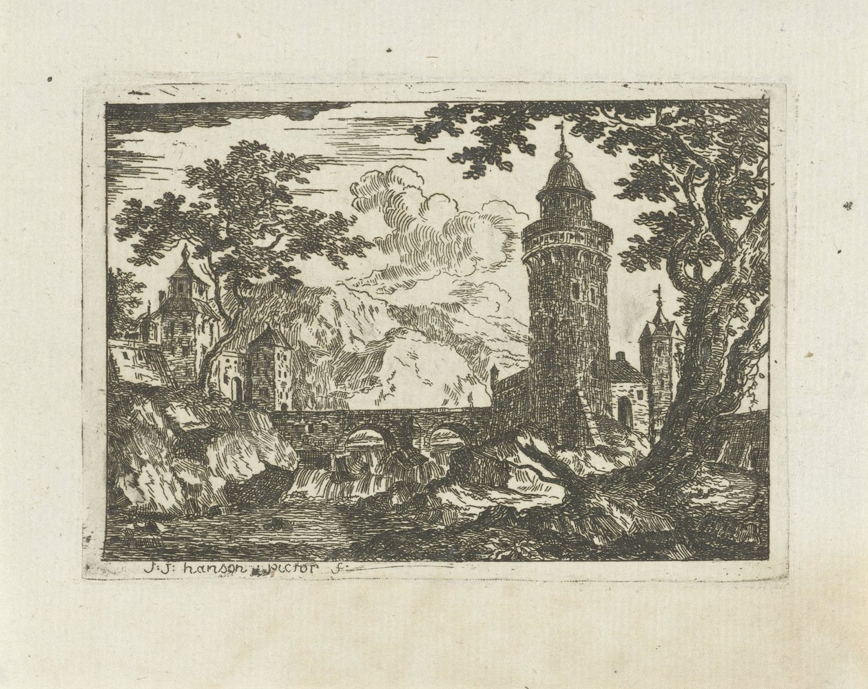 Tour et pont de pierre dans un paysage montagneux - Jean Joseph Hanson