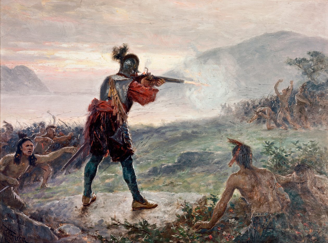 Schlacht am Champlain-See, zwischen Irokesenstämmen und einer Koalition von Indianerstämmen (Algonkin, Huronen und Montagnais), unterstützt von den Franzosen, 1609 von Jean Leon Gerome