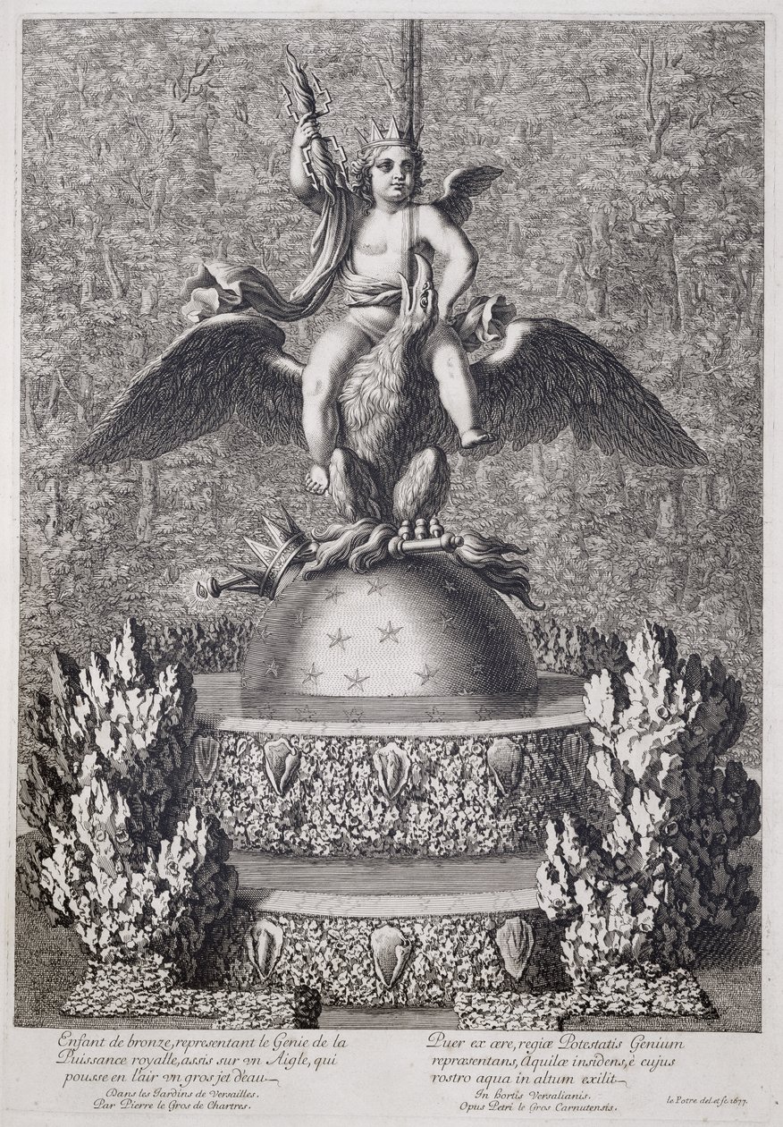 Fontaines avec un enfant représentant le Génie du Pouvoir Royal par Pierre le Gros, à Versailles, 1677 - Jean Lepautre