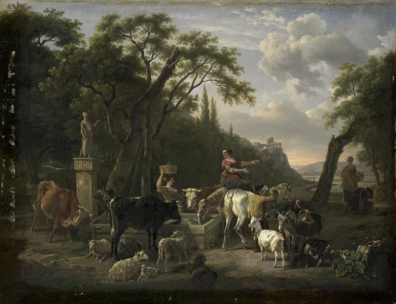 Paysage italien avec bergers et animaux près d