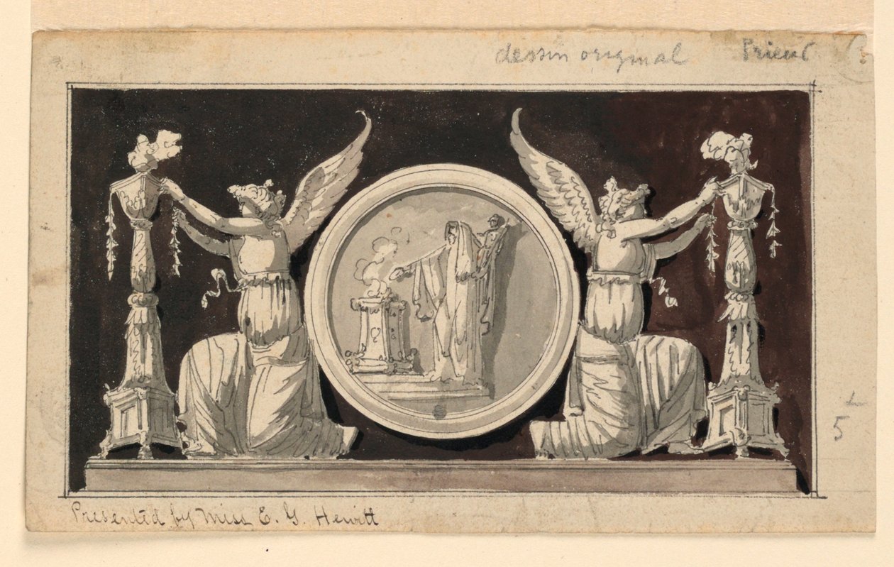 Panneau décoratif : Médaillon avec une scène de sacrifice entre deux Victoires ornant des candélabres - Jean Louis Prieur the Younger