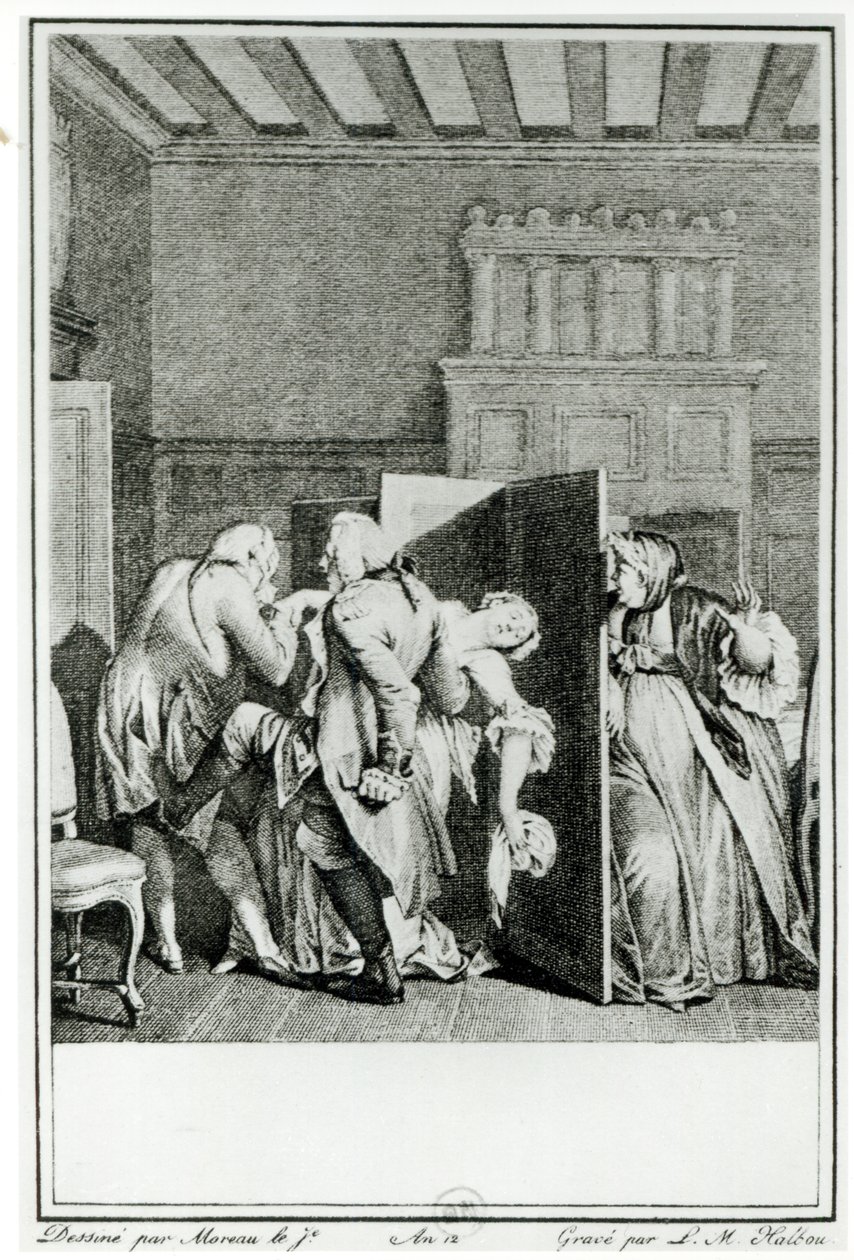 Le Baron... salua Candide avec quelques coups de pied notables sur le derrière et le chassa dehors, illustration du chapitre 1 de Candide par François Voltaire, gravé par Louis Michel Halbou - Jean Michel the Younger Moreau
