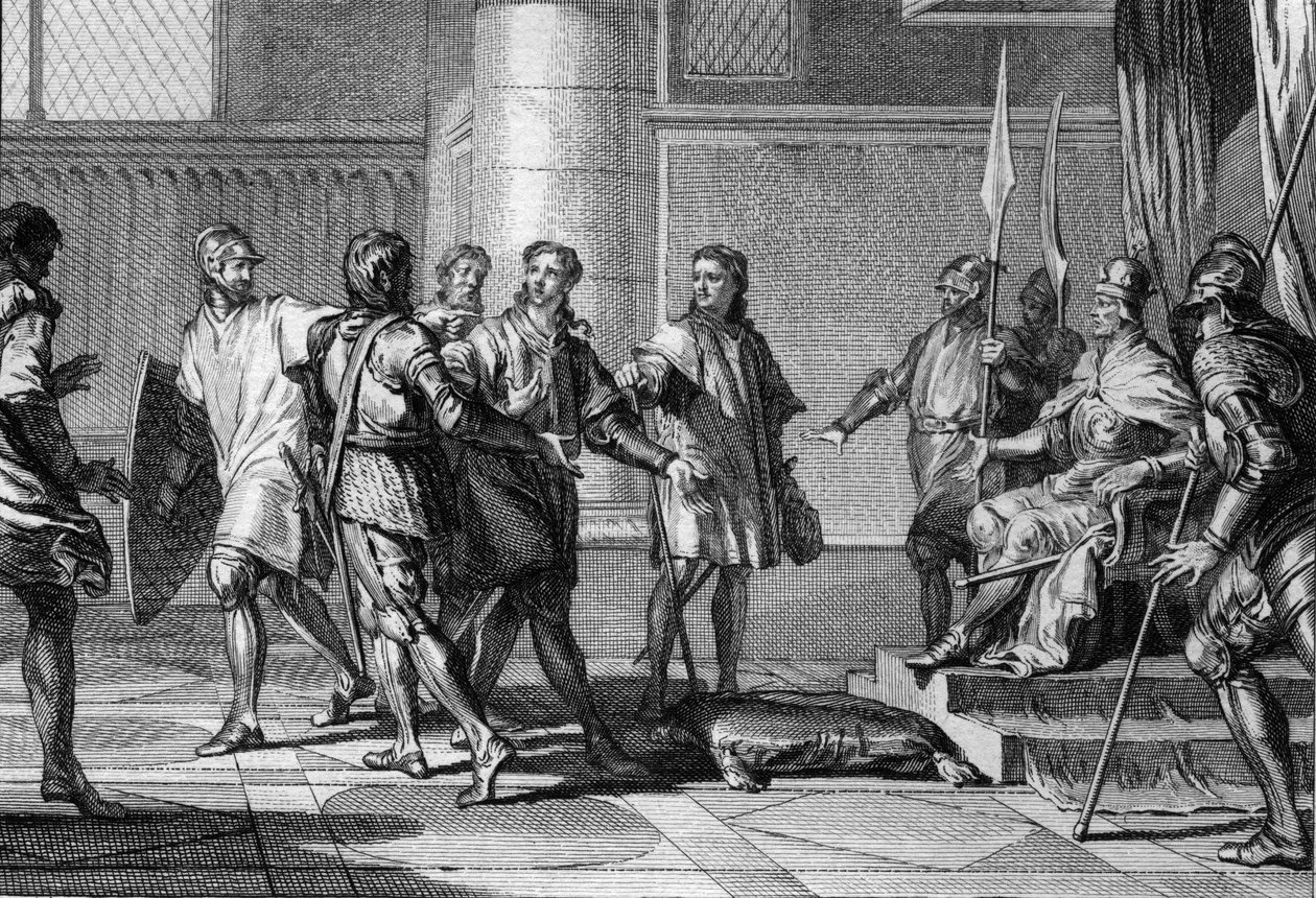 Charles, frère du roi Lothaire, rend hommage à Otton II, empereur du Saint-Empire romain germanique. Ce dernier crée le duché de Basse-Lotharingie et nomme Charles duc de Basse-Lotharingie, 977. Gravure - Jean Michel the Younger Moreau