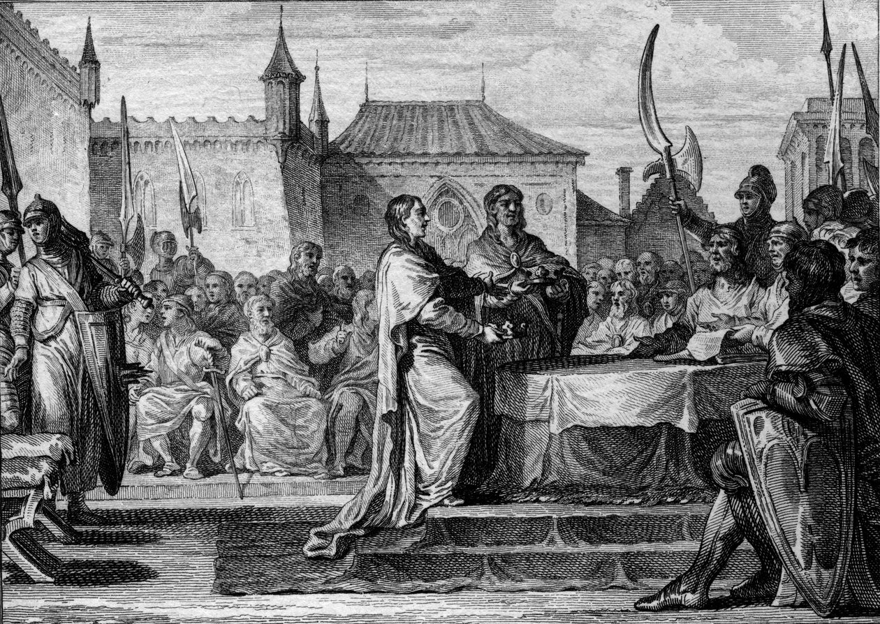 Succession de Pépin le Bref, 768 : une assemblée décide de diviser le royaume entre ses deux fils, Charlemagne (747-814) et Carloman (ca. 751-771), rompant ainsi les arrangements faits par Pépin le Bref. Gravure de Jean Michel Moreau, dit Moreau le Jeune - Jean Michel the Younger Moreau
