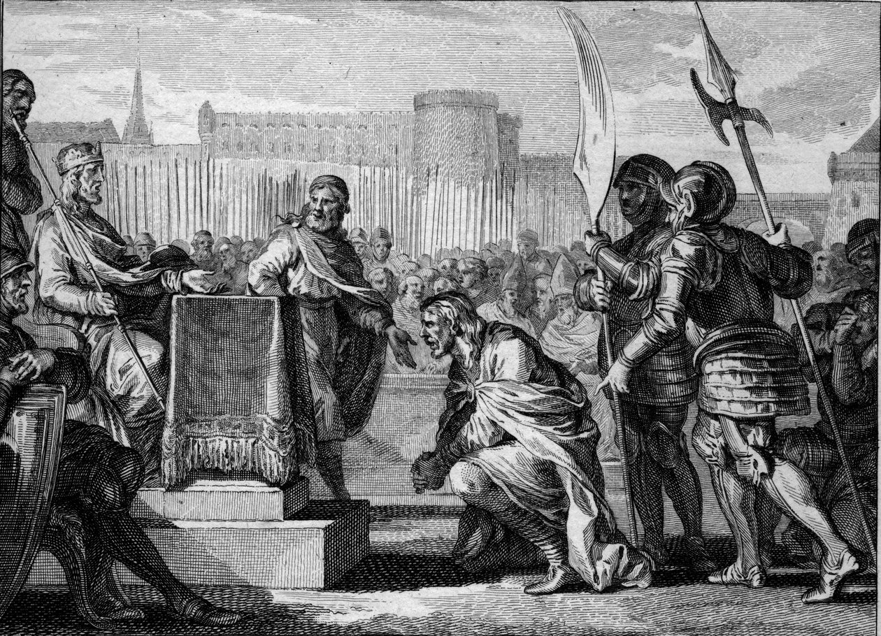 Tassilon III (Tassillon, Tassilo, 742-794), duc de Bavière, se prosterne devant Charlemagne (747-814), roi des Francs, à Ingelheim, 788. Il fut condamné pour trahison et condamné à mort mais finit sa vie dans un monastère. Gravure par Jean Michel Moreau - Jean Michel the Younger Moreau