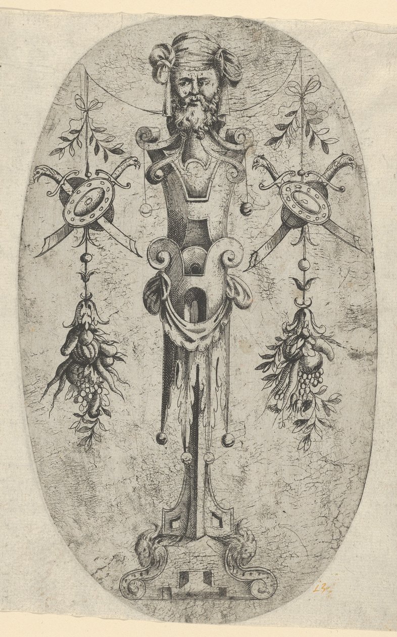 Figure terminale masculine, tête avec barbe et turban sur un piédestal à trois quarts de courroie, vers 1543-45 - Jean Mignon