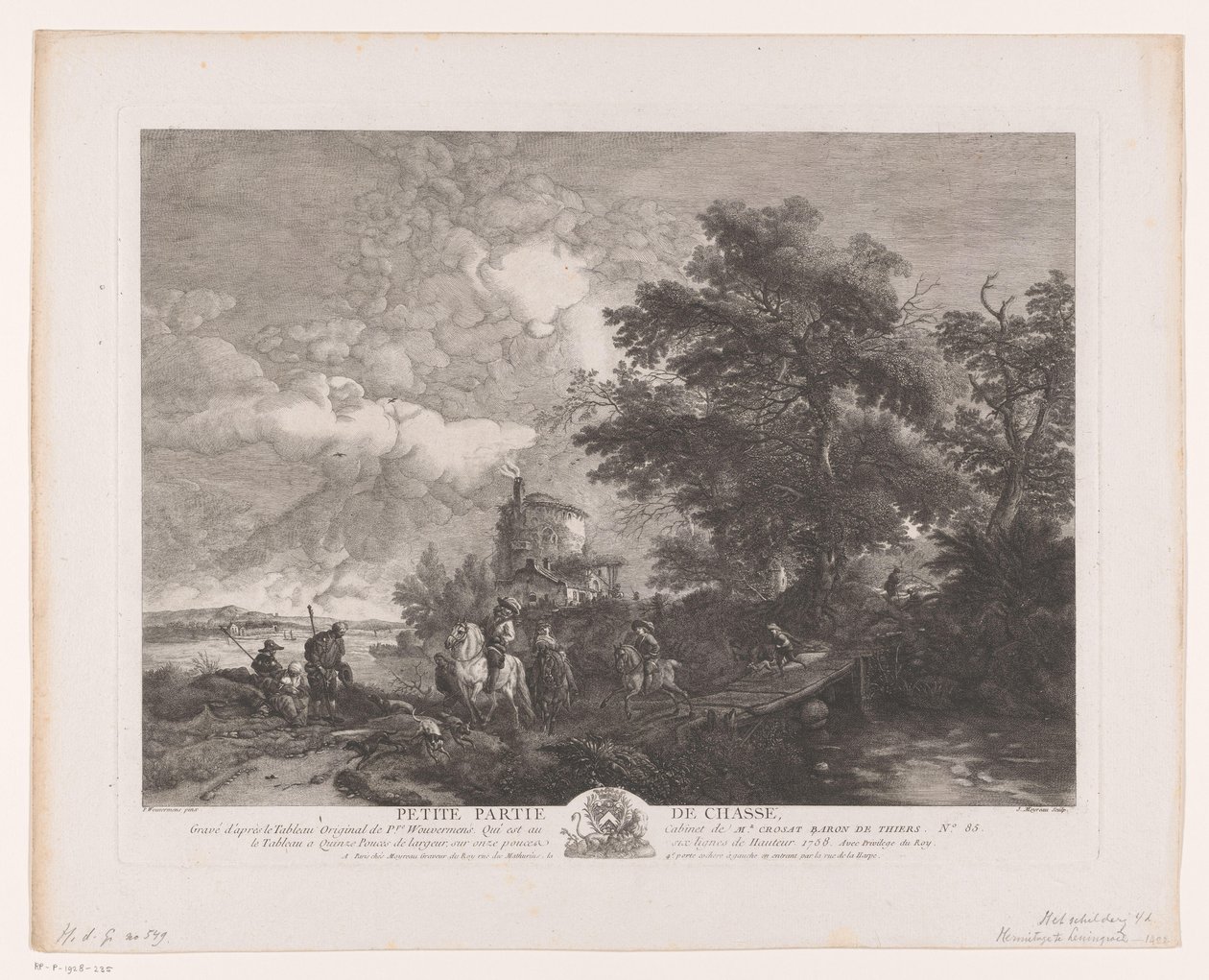 Groupe de chasse dans un paysage avec un pont - Jean Moyreau