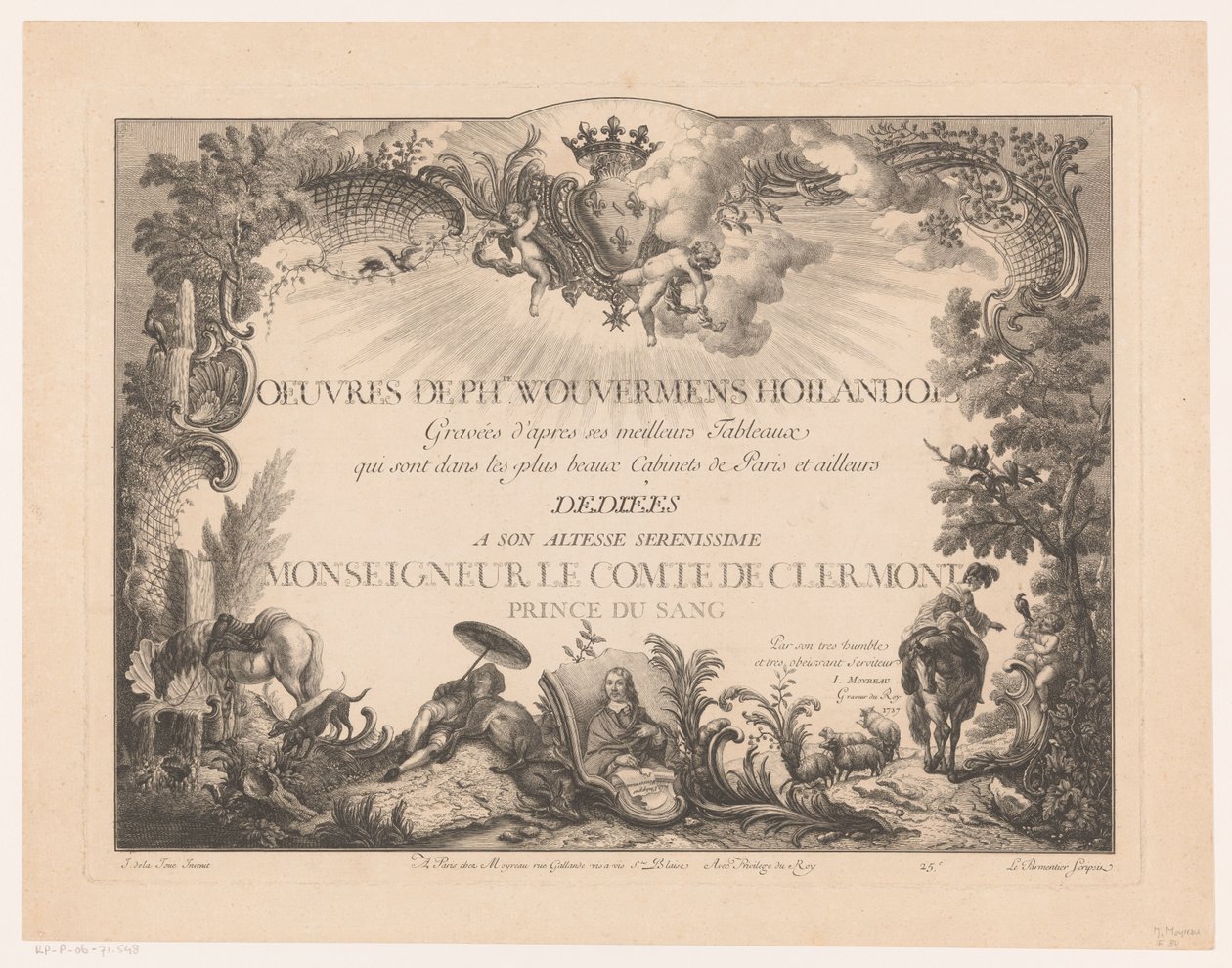 Titelprent met figuren en dieren in een landschap, met het portret van Philips Wouwerman - Jean Moyreau