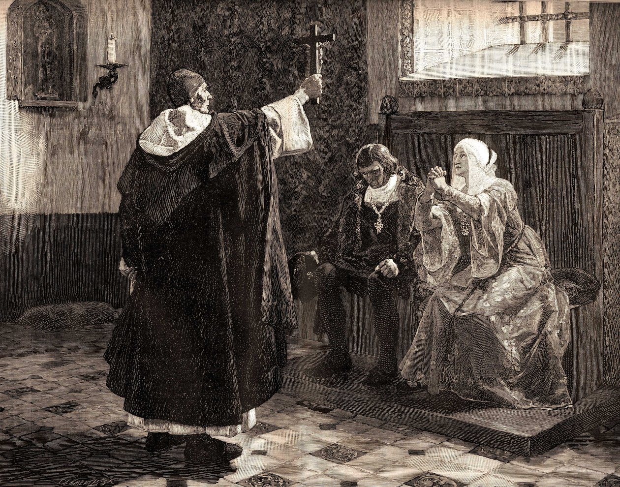 Le grand inquisiteur espagnol, Fray Tomas de Torquemada (1420-1498), parmi les rois catholiques Ferdinand II d