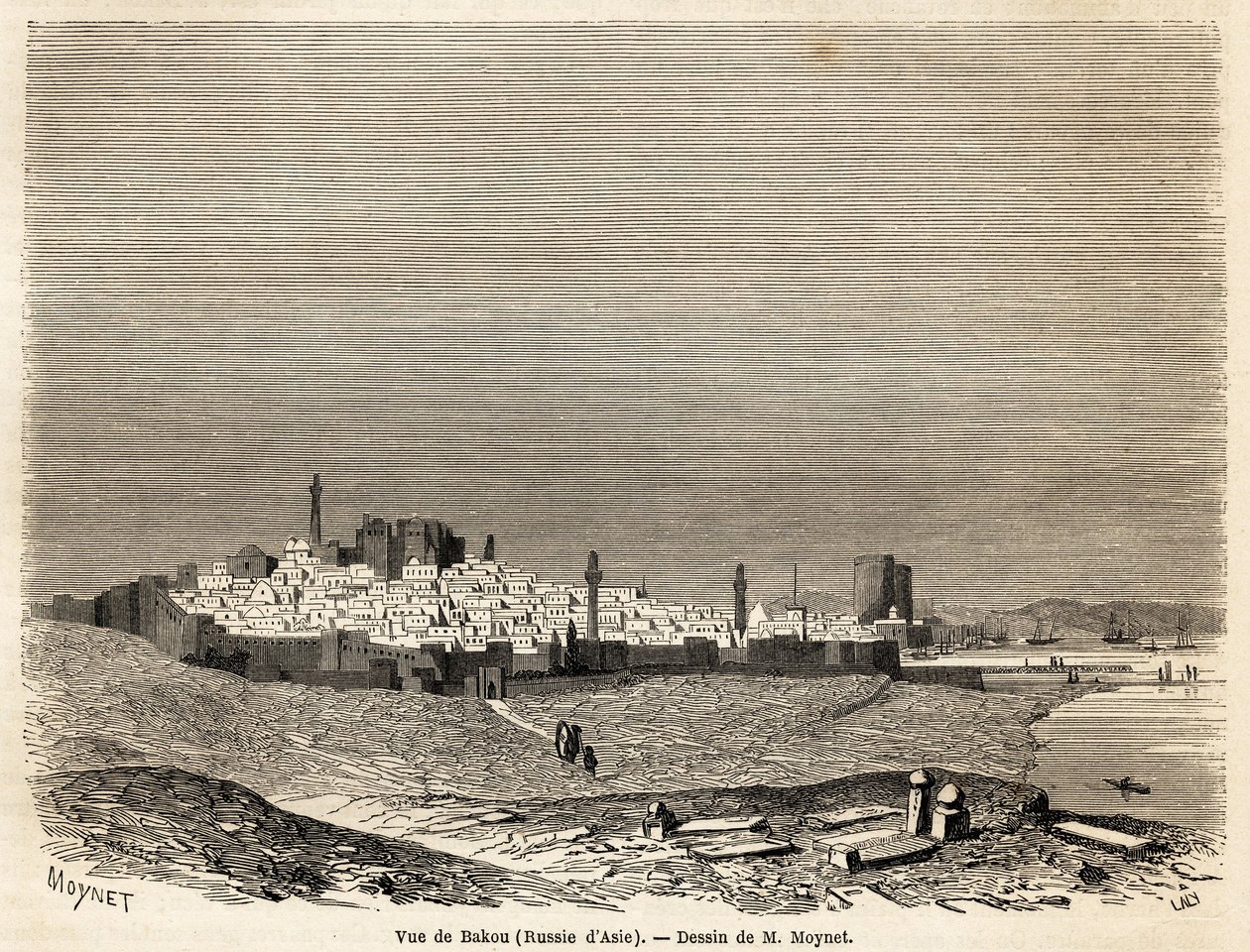 Vue de Bakou (Russie, Azerbaïdjan), dessin de M. Moynet, pour illustrer le voyage sur la côte de la mer Caspienne, en octobre 1858, par M. Moynet. Gravure dans « Le tour du monde, nouveau journal des voyages » Paris - Jean Pierre Moynet
