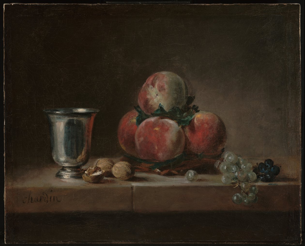 Nature morte avec pêches, un gobelet en argent, raisins et noix - Jean Baptiste Simeon Chardin