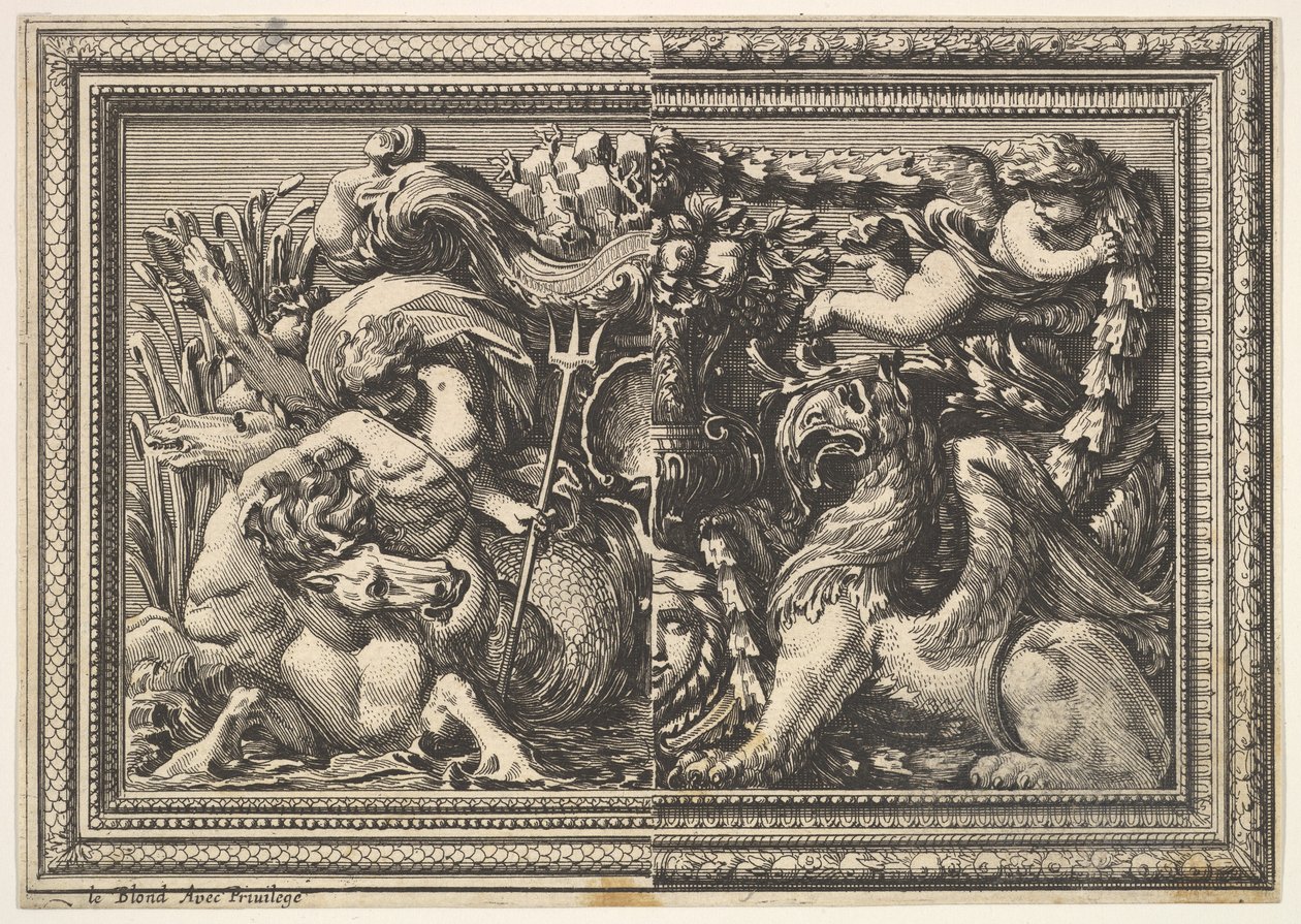 Conception pour un panneau avec deux variantes contenant un hippocampe et un griffon, de: Ornements..., 1651 - Jean le Pautre