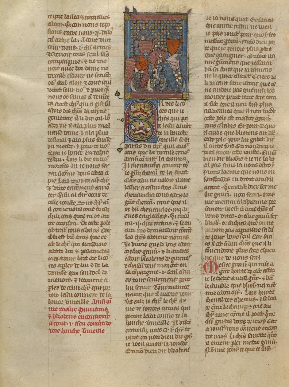 Gauvain et Blioberis rencontrent un chevalier au bouclier rouge - Jeanne de Montbaston