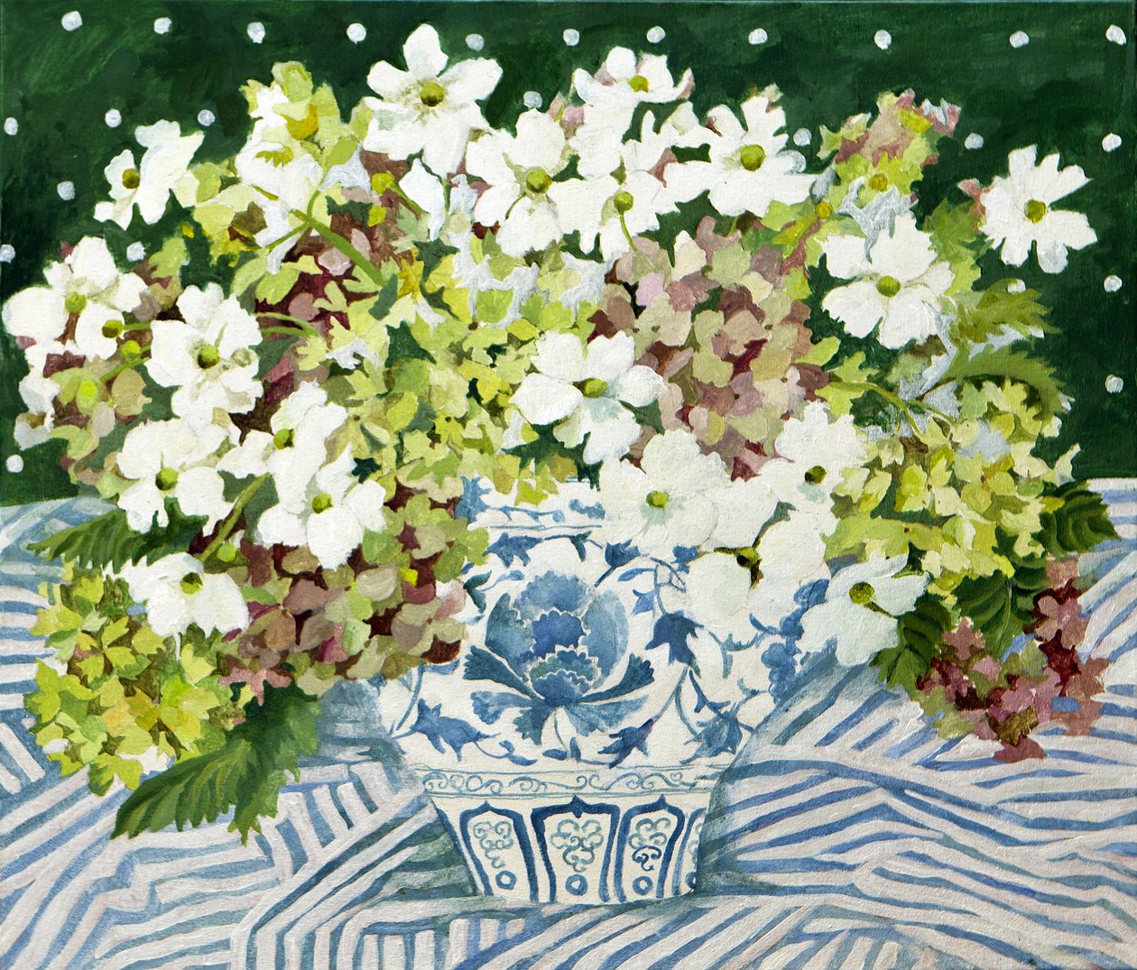 Cosmos et hortensias dans un vase chinois, 2013 (acrylique sur toile) - Jennifer Abbott