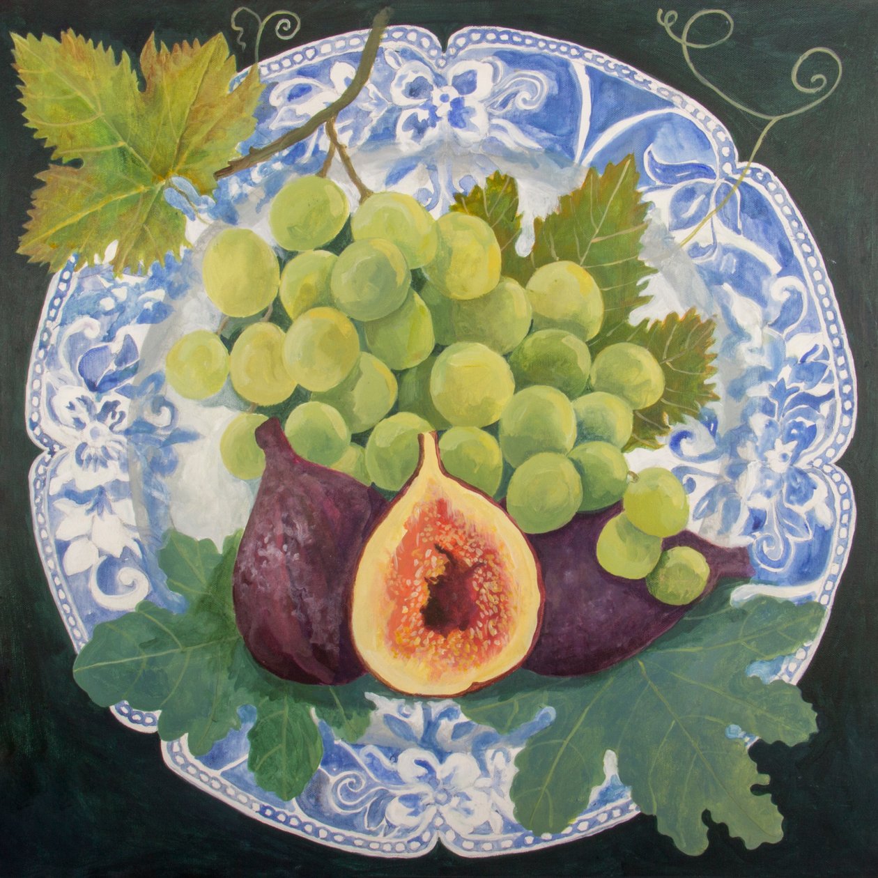 Figues et raisins sur une assiette, 2018 (acrylique sur toile) - Jennifer Abbott