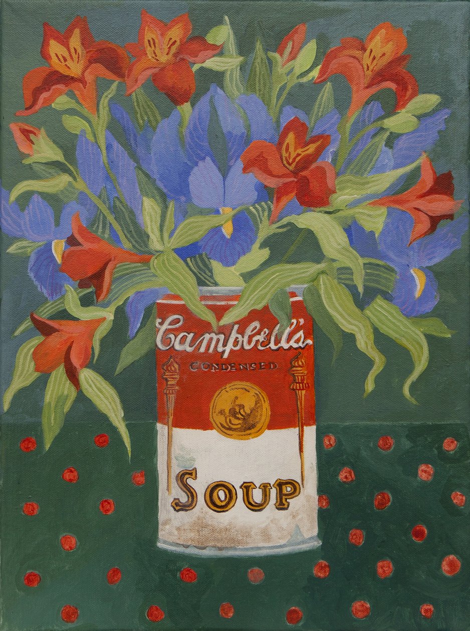 Iris et alstromeiria dans une boîte de soupe Campbell (acrylique) - Jennifer Abbott