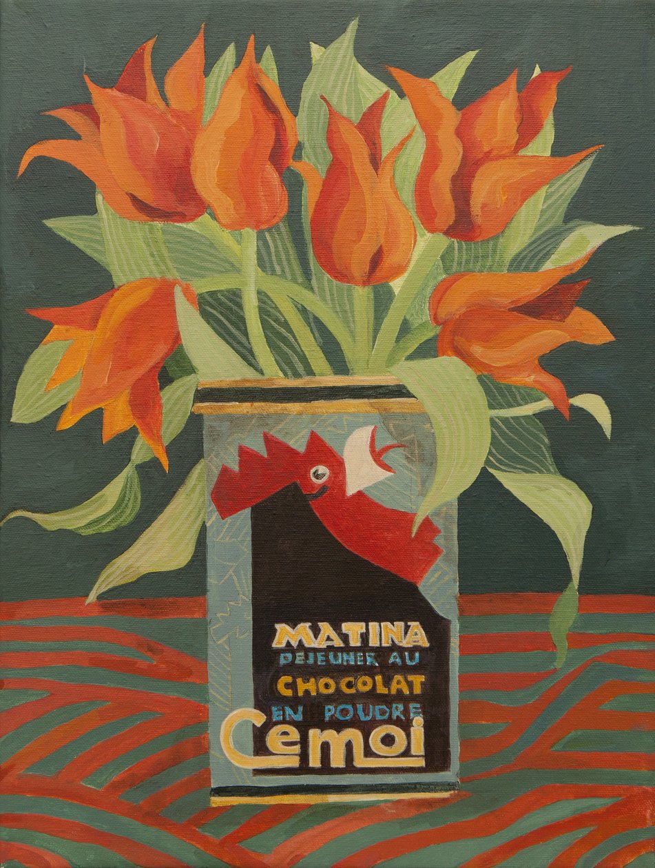 Tulipes rouges dans une vieille boîte à café (acrylique) - Jennifer Abbott