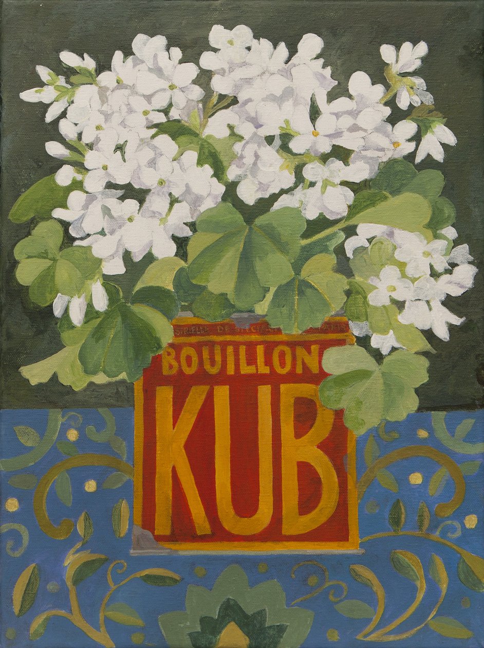 Géraniums blancs dans une vieille boîte à cube (acrylique) - Jennifer Abbott