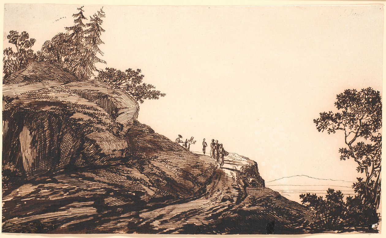 Paysage de montagne avec des gens et des ânes sur une route - Jens Juel