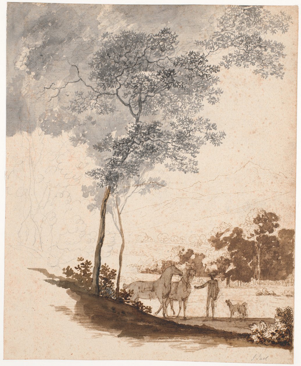 Paysage suisse avec un écuyer tenant deux chevaux et un couple de chiens; étude pour le portrait de Jean-Armand Tronchin - Jens Juel