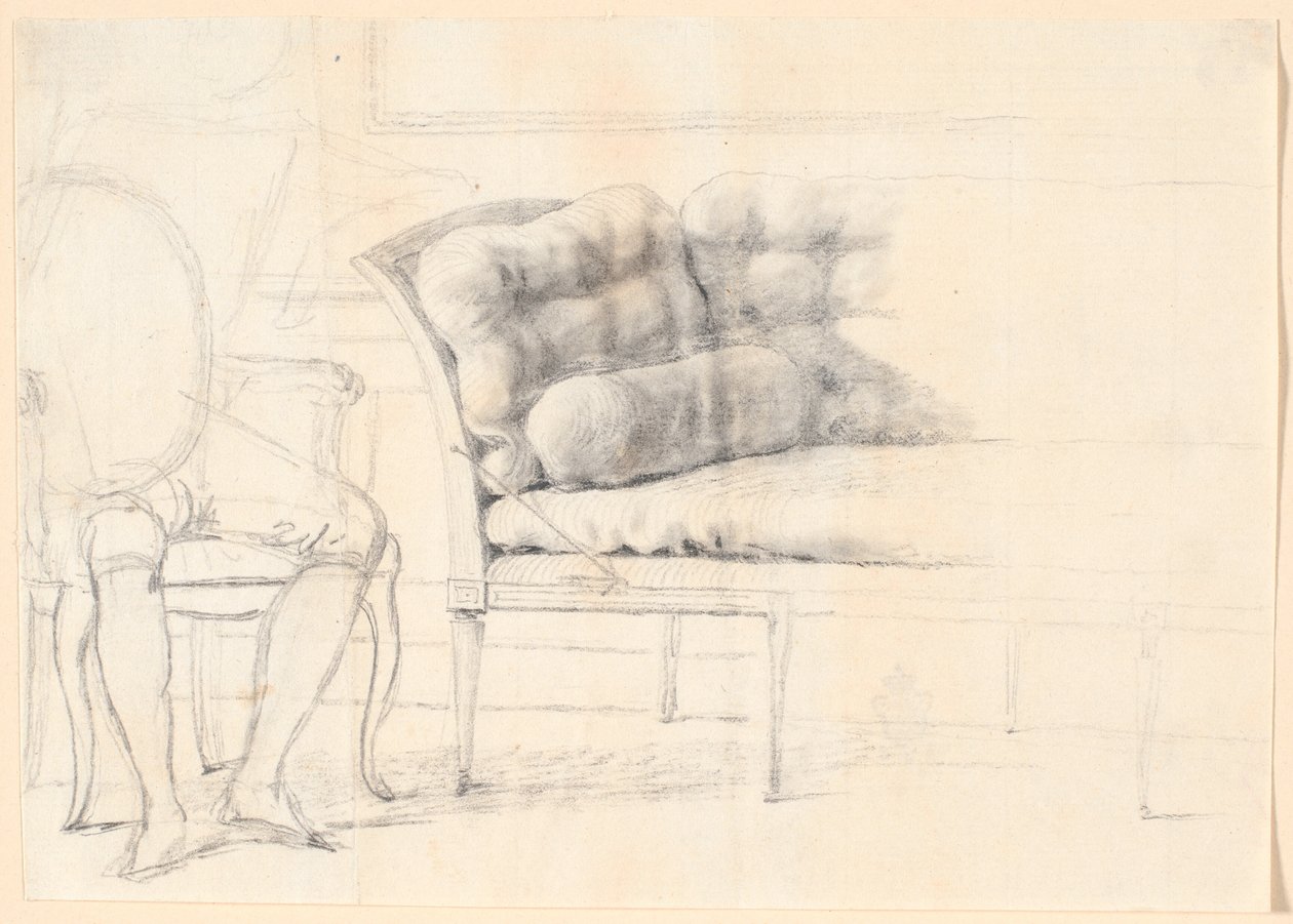 Étude pour le portrait de famille Holmskiold de 1787 : le canapé rembourré, et à gauche une chaise avec la figure de Holmskiold esquissée - Jens Juel