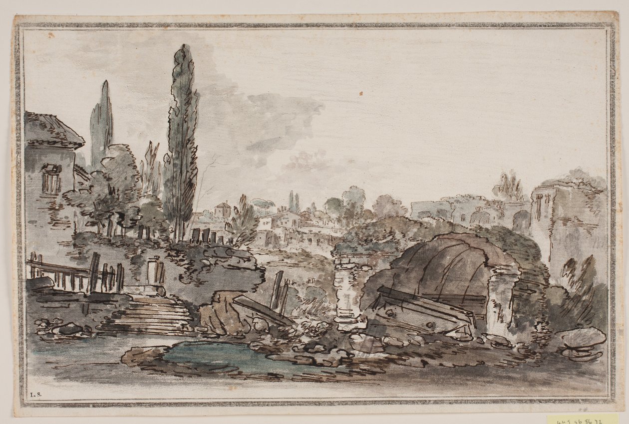 Perspective avec de grands arbres, bâtiments et ruines - Jens Petersen Lund