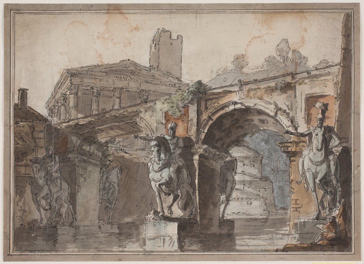 Vue "romaine" avec pont, ruine de temple et statue équestre - Jens Petersen Lund