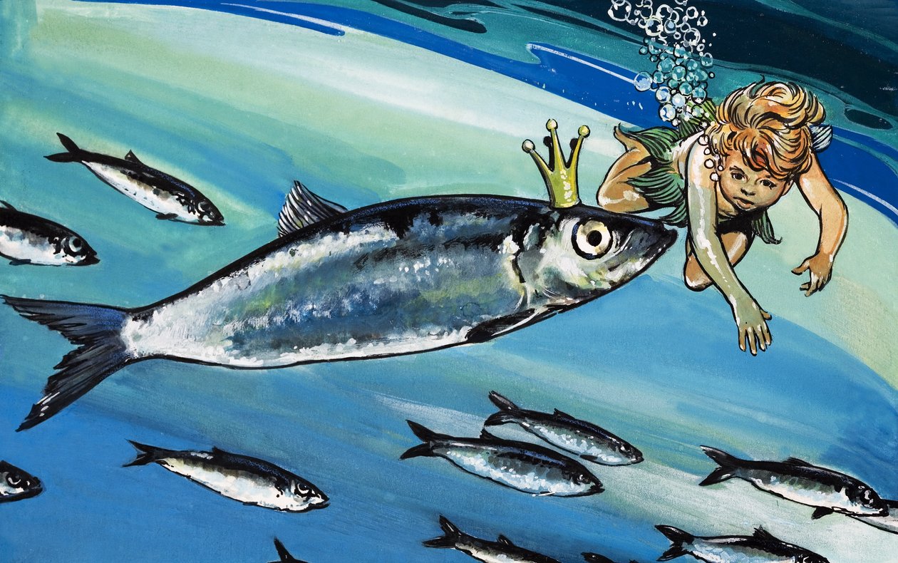 Garçon nageant avec un poisson, illustration de "The Water Babies" de Charles Kingsley (gouache sur papier) - Jesus Blasco