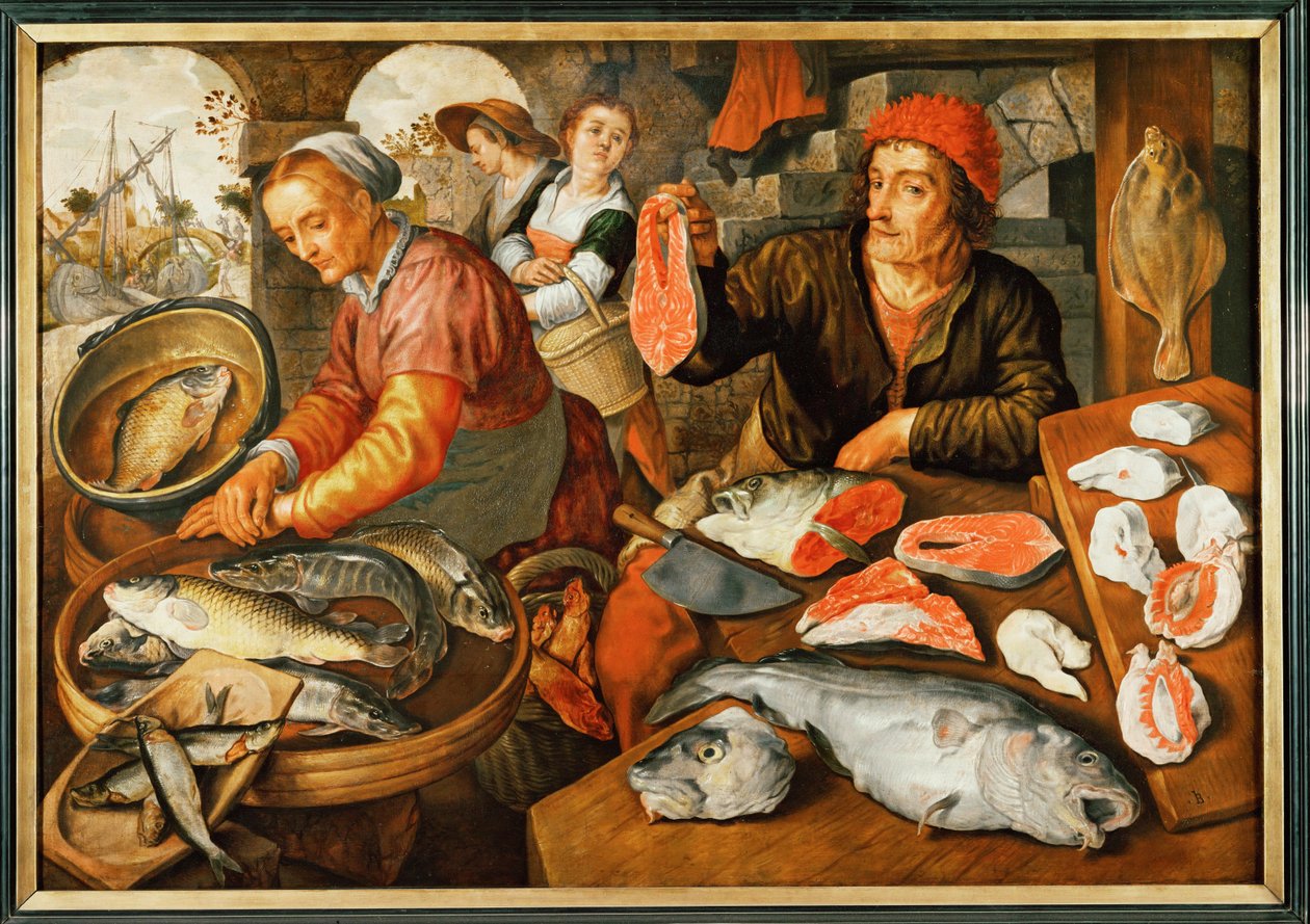 Marché aux poissons (huile sur bois) - Joachim Bueckelaer