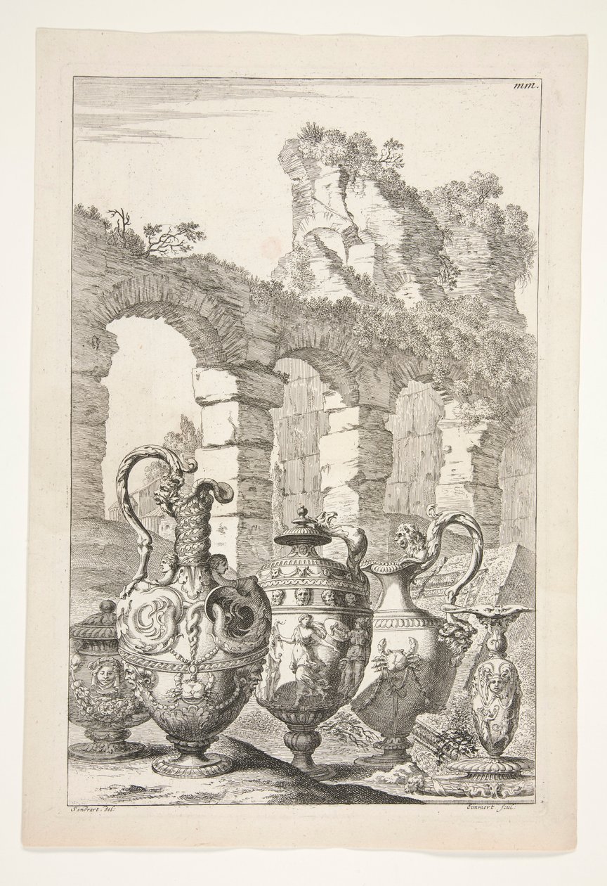 Trois pichets, un vase couvert et un chandelier dans un paysage avec des ruines - Joachim von Sandrart