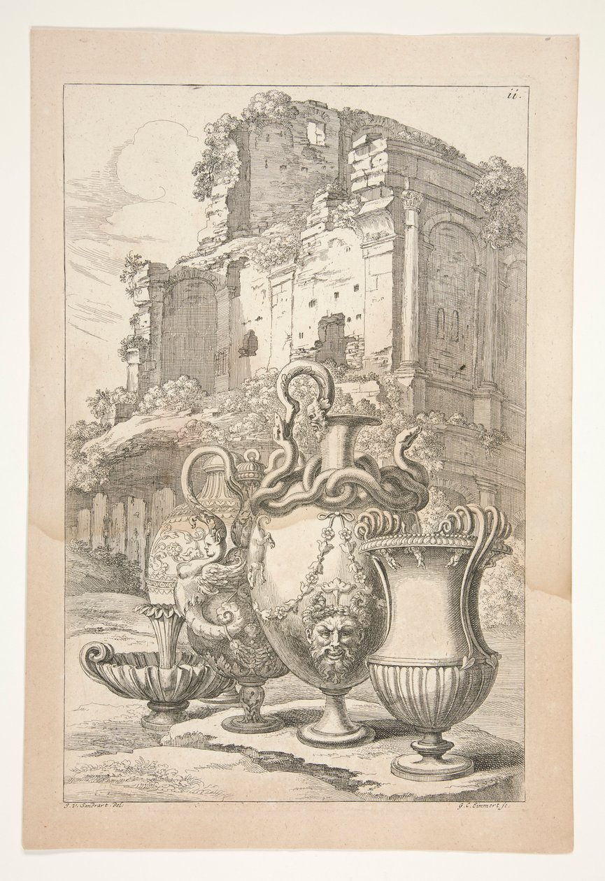 Vases dans un paysage parmi des ruines antiques - Joachim von Sandrart