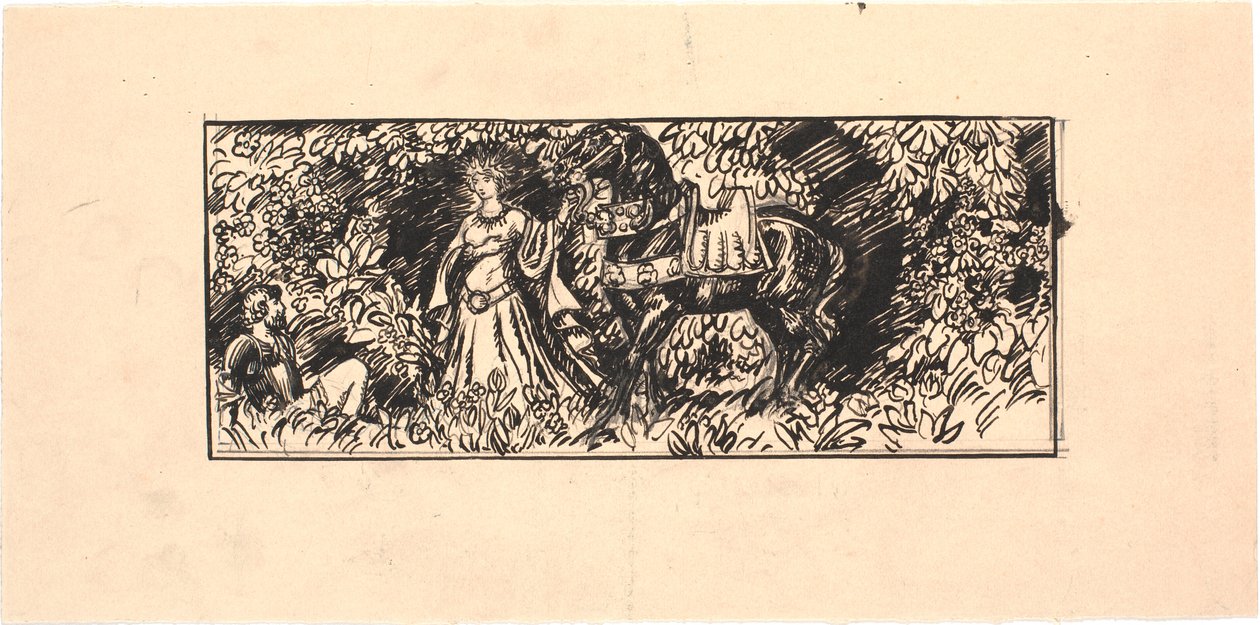 Princesse menant un cheval noir à un chevalier assis dans la forêt - Joakim Frederik Skovgaard