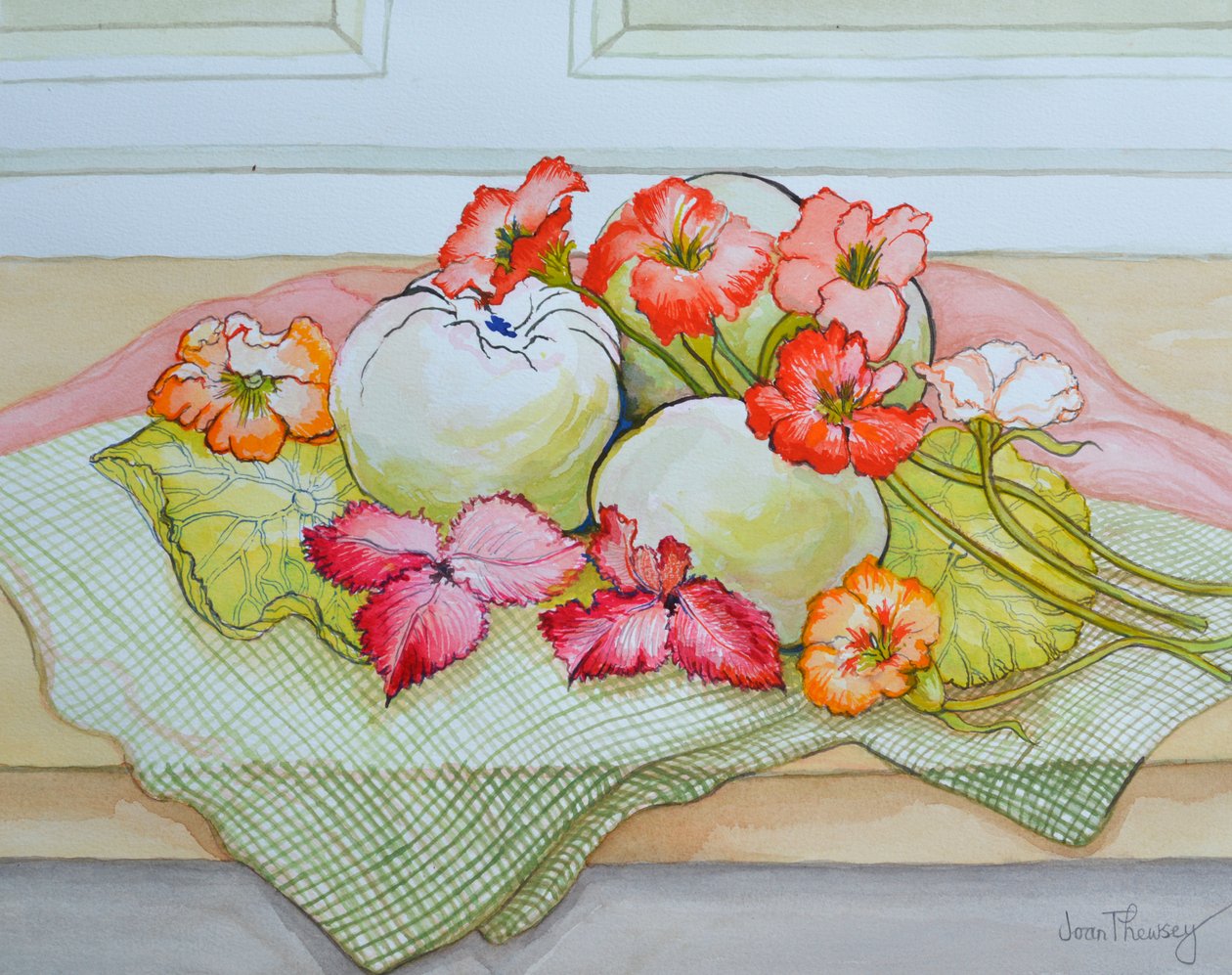Pommes et Capucines sur une nappe à carreaux verts - Joan Thewsey