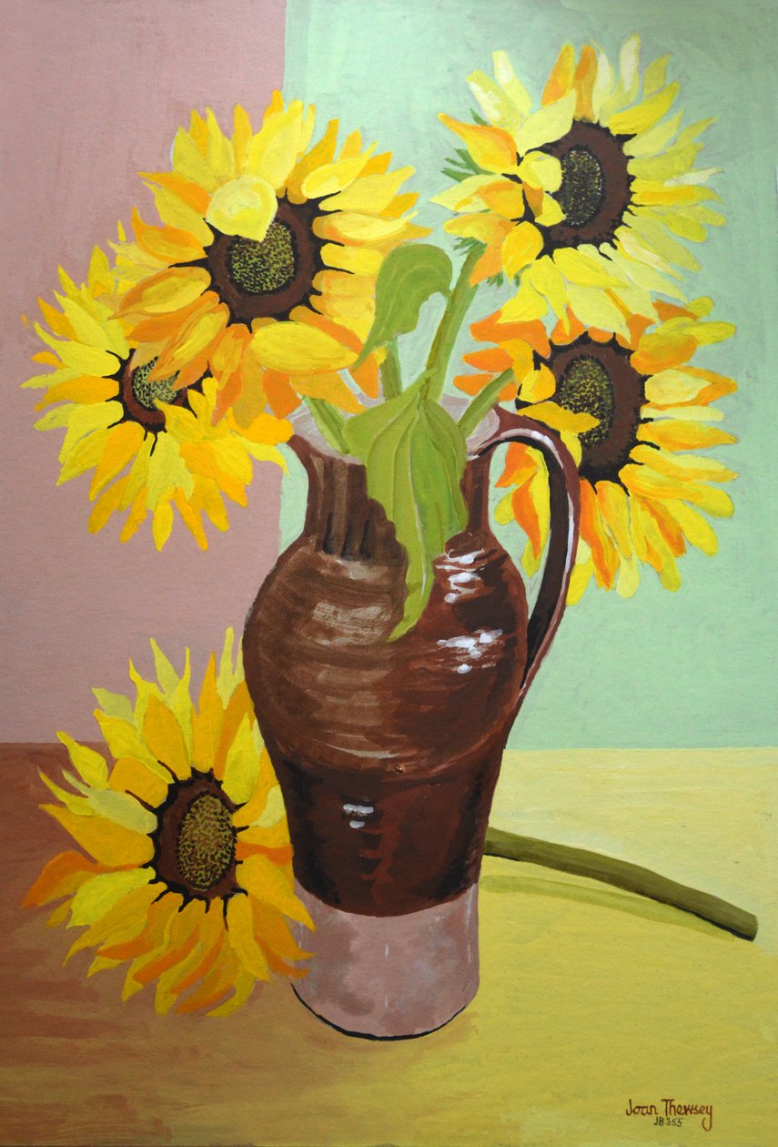 Cinq tournesols dans un grand pichet marron - Joan Thewsey