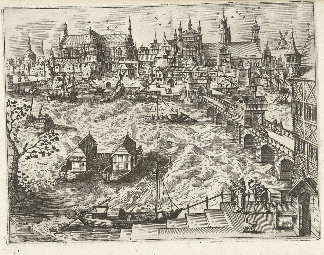 Paysage urbain avec pont et port - Joannes van Doetechum (I) (attributed to)