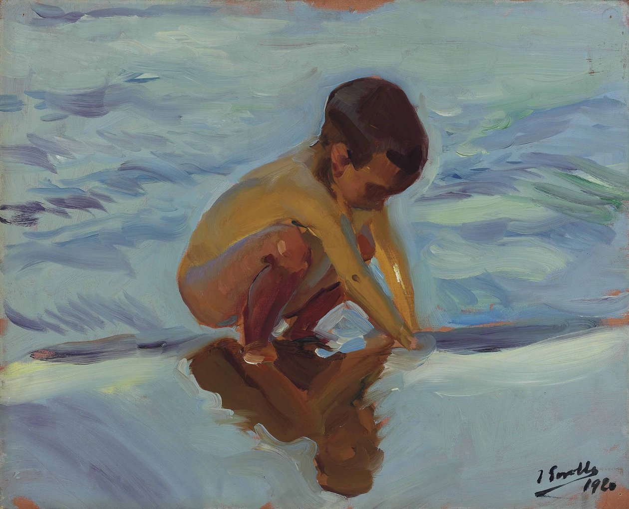 Contre-jour sur la plage, Enfant accroupi - Joaquín Sorolla