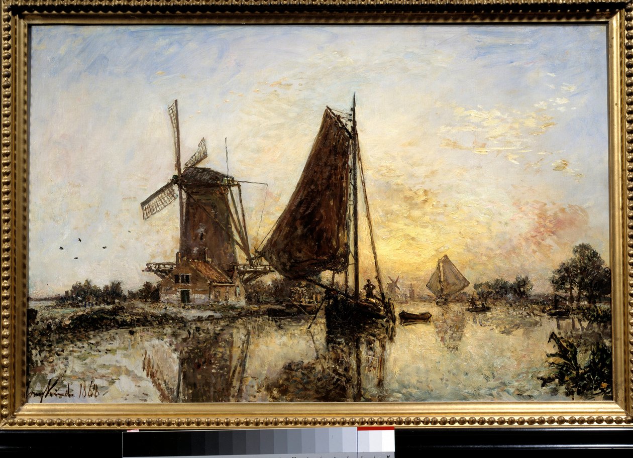 Paysage hollandais, bateaux près du moulin - Johan Barthold Jongkind