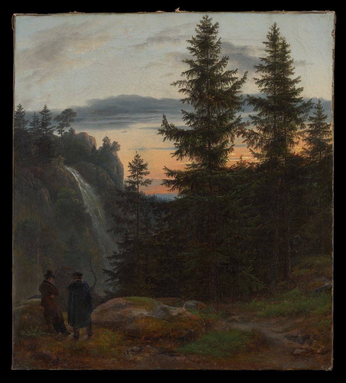 Deux hommes devant une cascade au coucher du soleil - Johan Christian Dahl