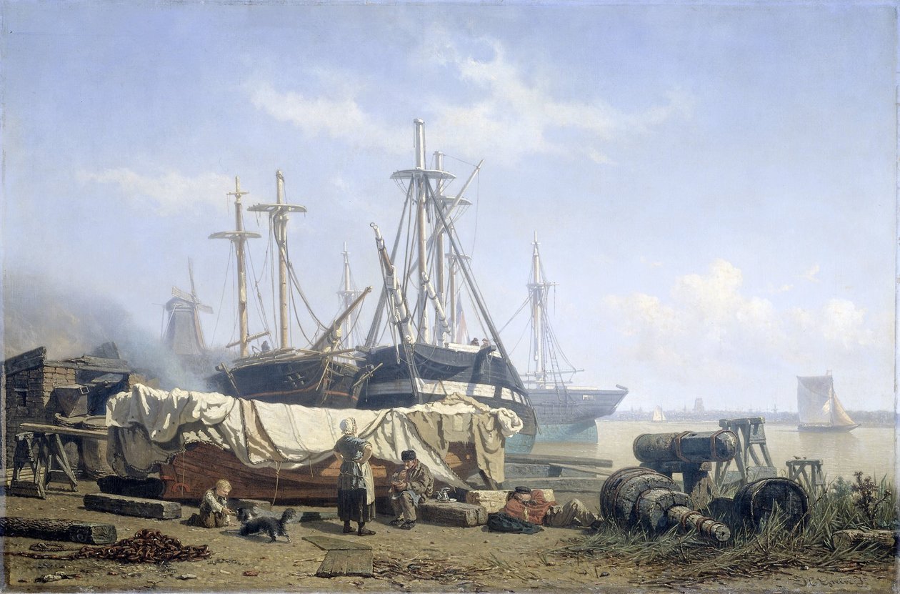 Pause de midi dans un chantier naval sur la Meuse - Johan Conrad Greive