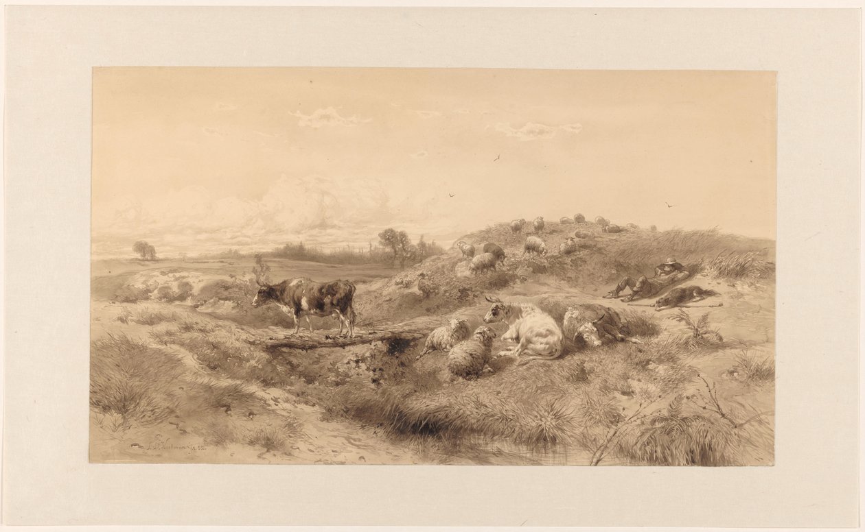 Paysage avec bétail et berger au repos - Johan Daniël Koelman