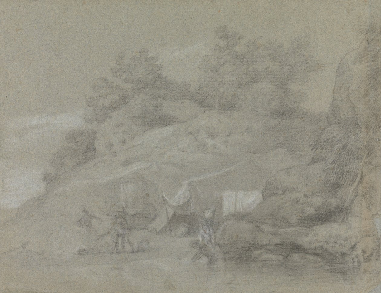 Une rivière par une rive rocheuse avec des figures, peut-être en Inde - Johan Joseph Zoffany