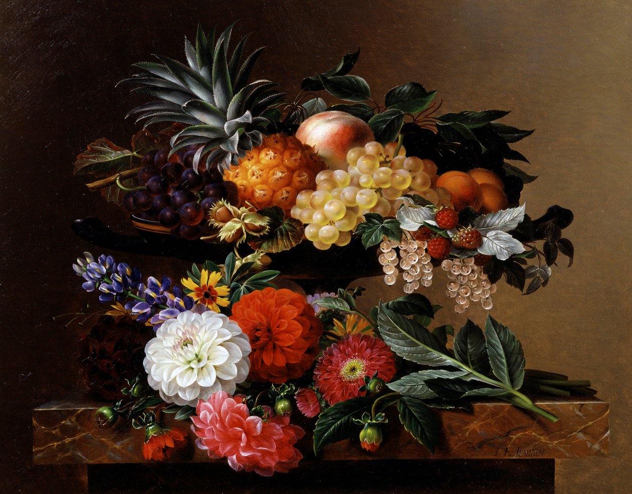 Dahlias, Lupin et Coreopsis dans un Kylix grec. Peinture de Johan Laurentz Jensen (1800-1856) Collection privee. - Johan Laurents Jensen