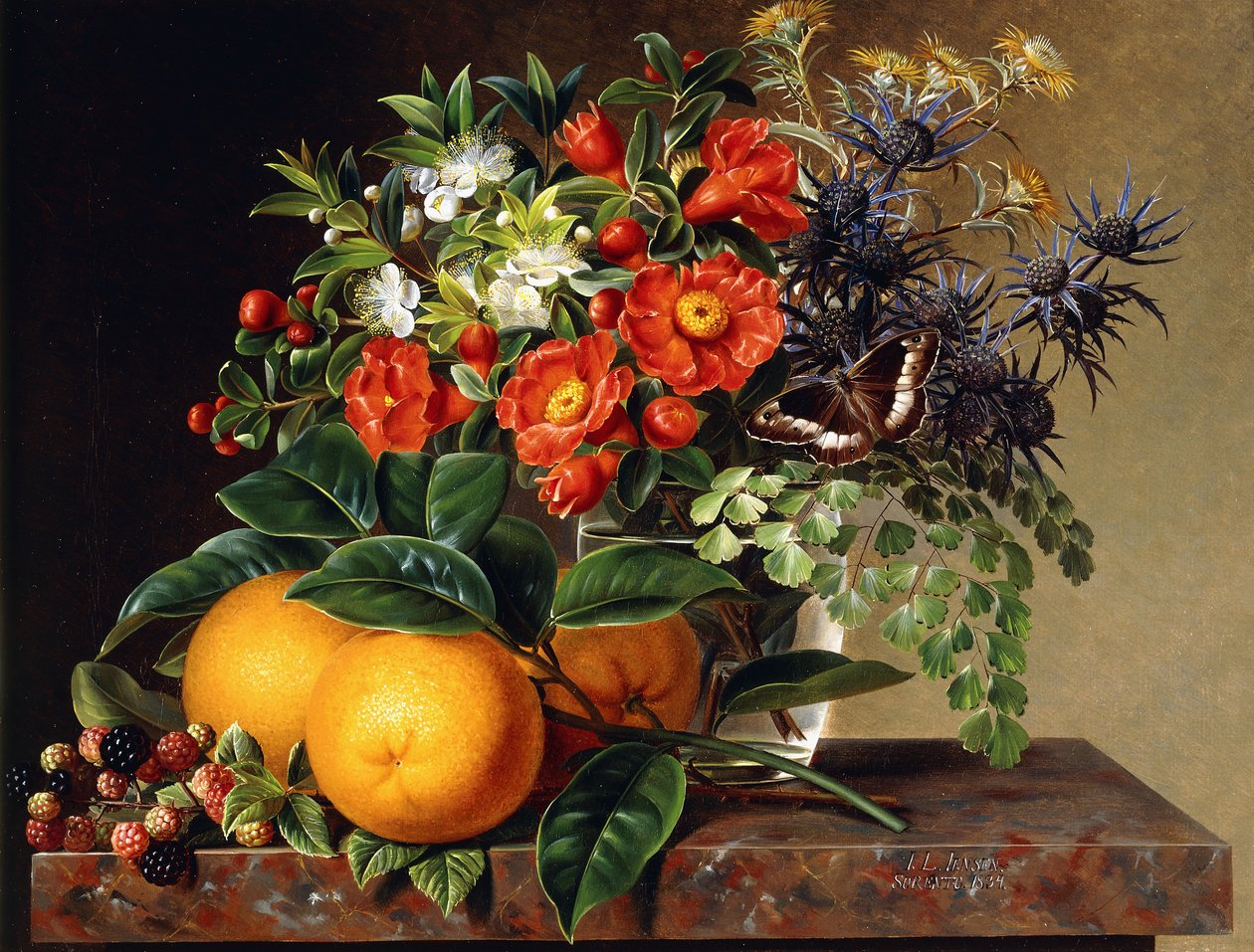Oranges, mûres et un vase de fleurs sur un rebord, 1834 - Johan Laurents Jensen