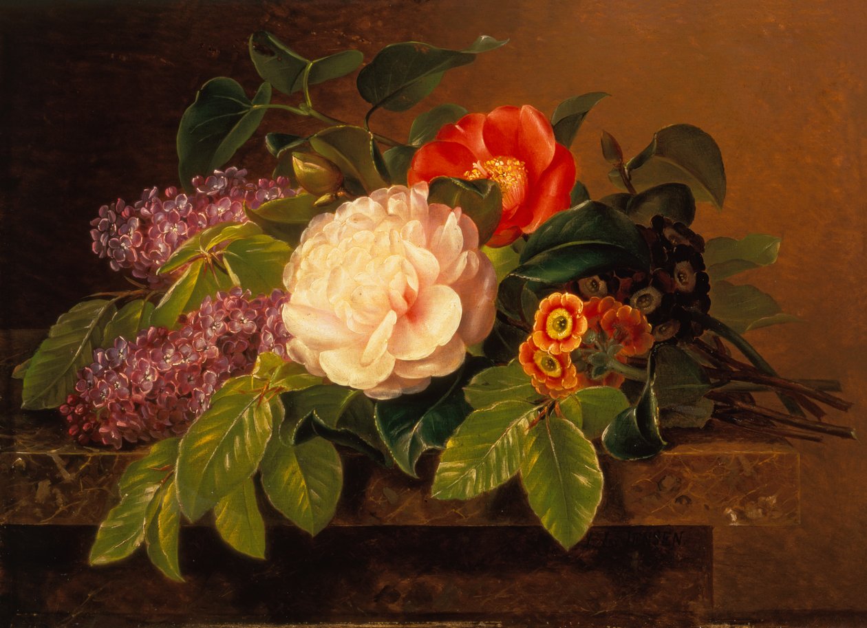 Pivoines, lilas et primevères sur un rebord de marbre - Johan Laurents Jensen