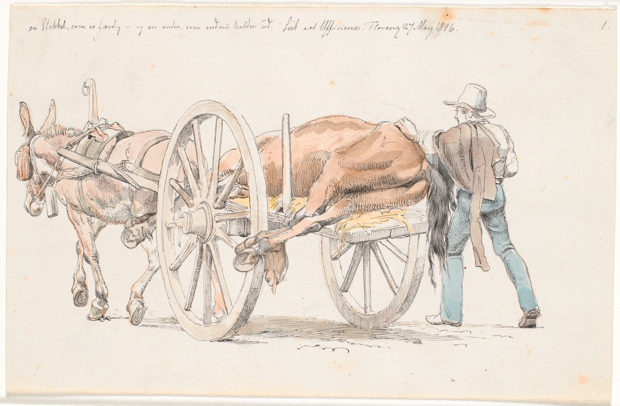 Un cheval mort transporté sur une charrette à âne - Johan Thomas Lundbye