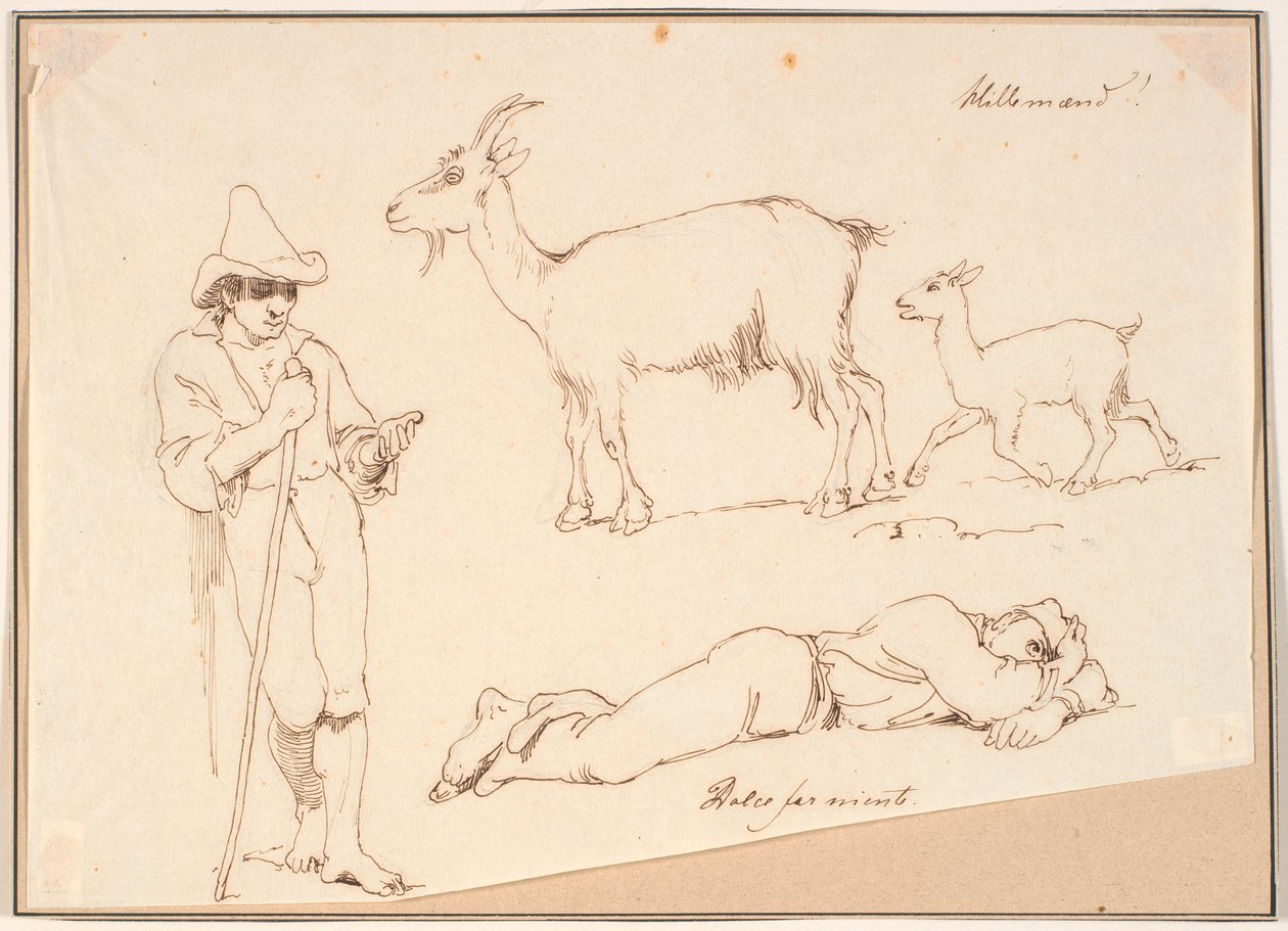Un berger, une chèvre avec son chevreau et un homme allongé - Johan Thomas Lundbye