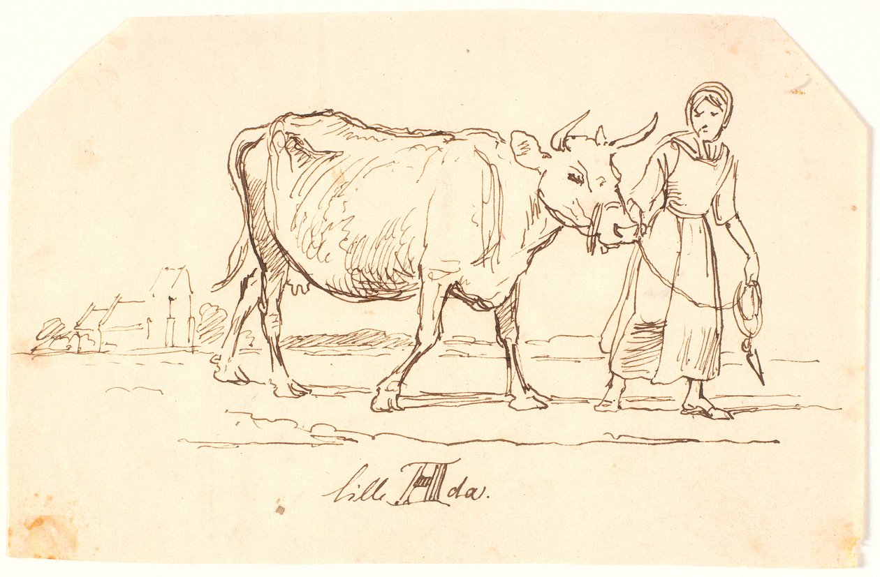 Une fille tirant une vache dans un paysage avec une église. "Petite Ada" - Johan Thomas Lundbye