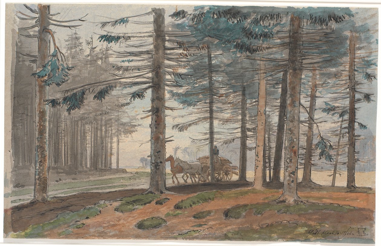 Forêt de sapins avec route, sur laquelle roule une charrette avec une charge de bois. En arrière-plan, une clairière dans la forêt - Johan Thomas Lundbye