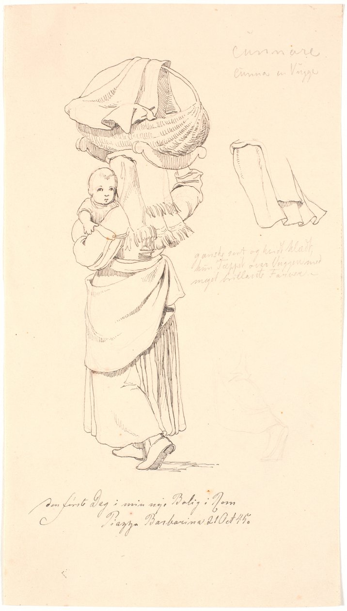 Italienne avec son enfant sur le bras et son berceau sur la tête. À droite, étude de son couvre-chef - Johan Thomas Lundbye